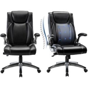 COLAMY Executive Office Ergonomic Chair with Thick Bonded Leather, 300lbs Capacity Big and Tall High Back Desk Chair with Flip-up Armrests, Adjustable Height and Tilt for Working, Study, Gaming,2PC (287-black)