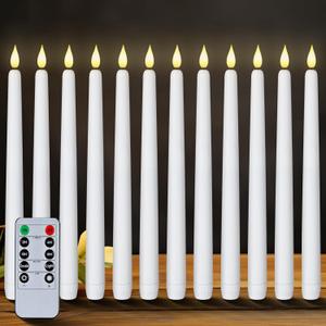 Homemory 12 Pcs Flameless Taper Candles with Remote Timer Dimmer, 11 inches White LED Taper Candles, Plastic Battery Operated Candlesticks with Flickering Flame for Halloween Christmas Wedding Party