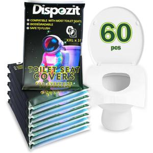 60 Pcs XL disposable flushable toilet seat covers 100% Biodegradable for Travel Public Toilets for Adults and Toddlers & Kids | Compact Universal Toilet seat Cover | DISPOZIT
