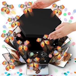 Dunzoom Flying Butterfly Surprise Gift Box, Large DIY Birthday Explosion Gift Box with 12 Pcs Flying Butterfly, Exploding Fantasy Decor for Birthday, Wedding, Anniversary Party(Black)