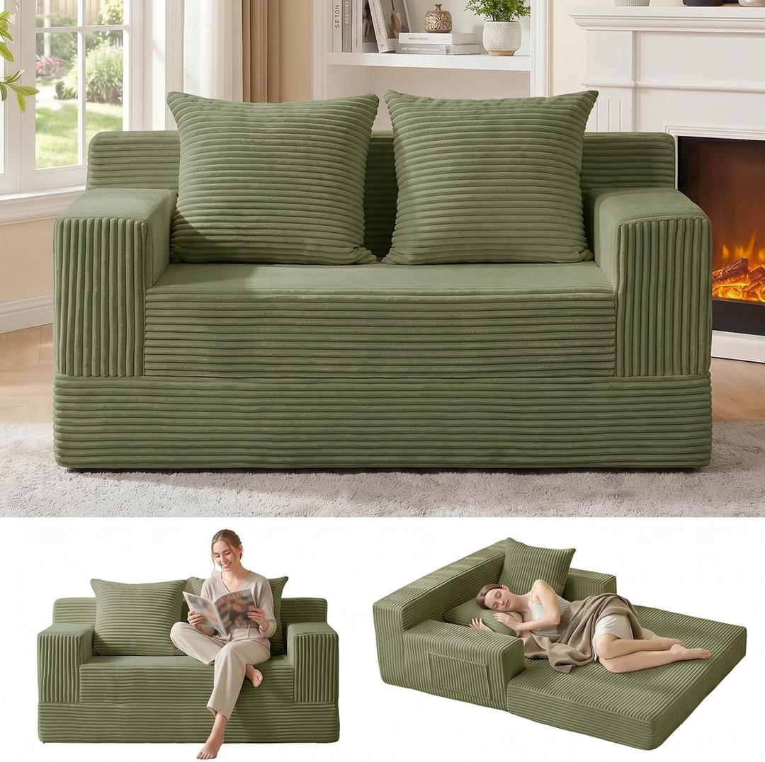 Erament Boneless Loveseat Convertible Sofa Bed, Folding Floor Futon Sleeper Sofa Couch Bed- Boneless Foldable Couch, Corduroy Pull Out Sofa Bed for Living Room & Bedroom