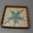 1 pcs Rectangle Rattan Serving Tray with Mother of Pearl Inlay, Decorative Wicker Tray for Coffee, Bread, Fruits, Elegant Table Decor for Living Room & Dining Room (10.6" x 10.6" x 1.9", Beige - Green & Pink Garden)