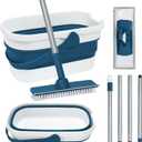 Collapsible Mop Set with Scrub Mop and Brush, Tile Laminate Hardwood Floor Brush and Flat Mops for Floor Cleaning, Foldable with Washable Microfiber Mop(Blue)