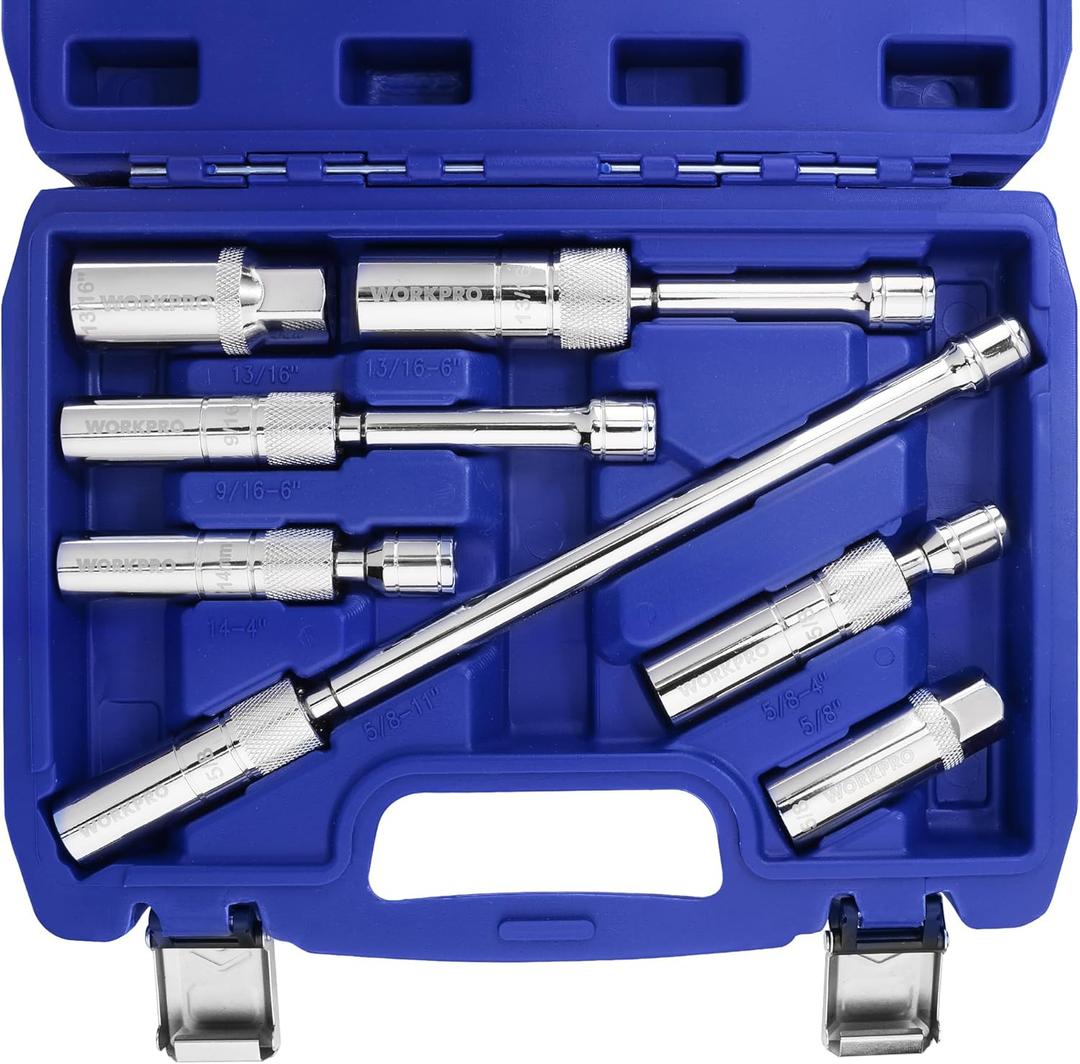 WORKPRO 7 PCS Magnetic Swivel Spark Plug Socket Set, Includes 9/16-inch, 5/8-inch, 13/16-inch, 14MM Thin Wall Sockets with 4, 6, 11-inch Extensions, 3/8" Drive with 12 Points, Magnetic Core
