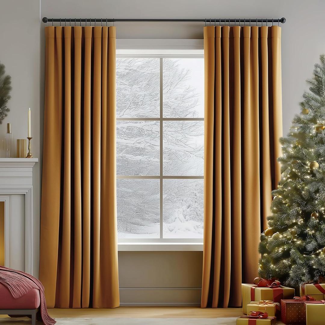 FMFUNCTEX Velvet Blackout Curtains Gold Brown Thermal Insulated Curtains for Bedroom Living Room Darkening Curtains 96 Inches Long Soft Luxury Heavy Rod Pocket Brown Drapes Dining Room 2 Panels Set
