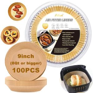 Ailun Air Fryer Paper Liners 9inch, 100PCS NonStick Parchment Paper,Oil Resistant,Disposable Food Grade Free of Bleach Paper Round for 510 QT Air Fryer Baking Roasting Microwave