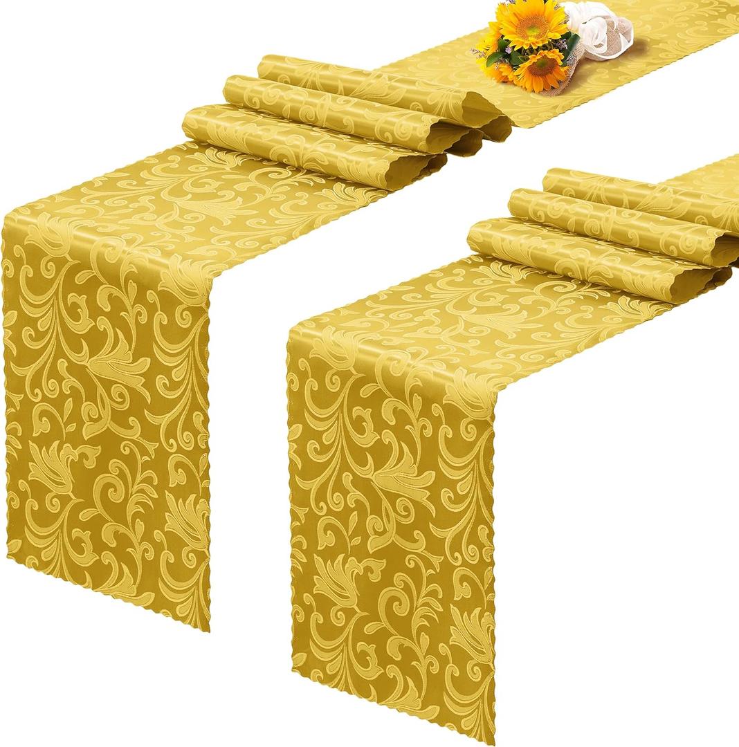 RUDONG M 2 Pack Gold Satin Table Runners 12 x 108 Inch, Long Silky Damask Table Runner Decor, Bright Smooth Jacquard Dining Table Runners for Weddings, Banquet, Parties Dinner Decoration