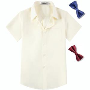 Aimehonpe Boys Short Sleeve Dress Shirts Solid Poplin Soft Stretch Fabrics with Two Bow Tie Set, Ivory, Large