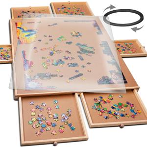 PlayVibe 1500 Piece Rotating Puzzle Board with Drawers and Cover - Sturdy Jigsaw Puzzle Table with 6 Drawers 26" x 35" - Portable Puzzles Boards with Lazy Susan, Wooden, Spinning Puzzles Accessories (1500 pcs - Rotating)