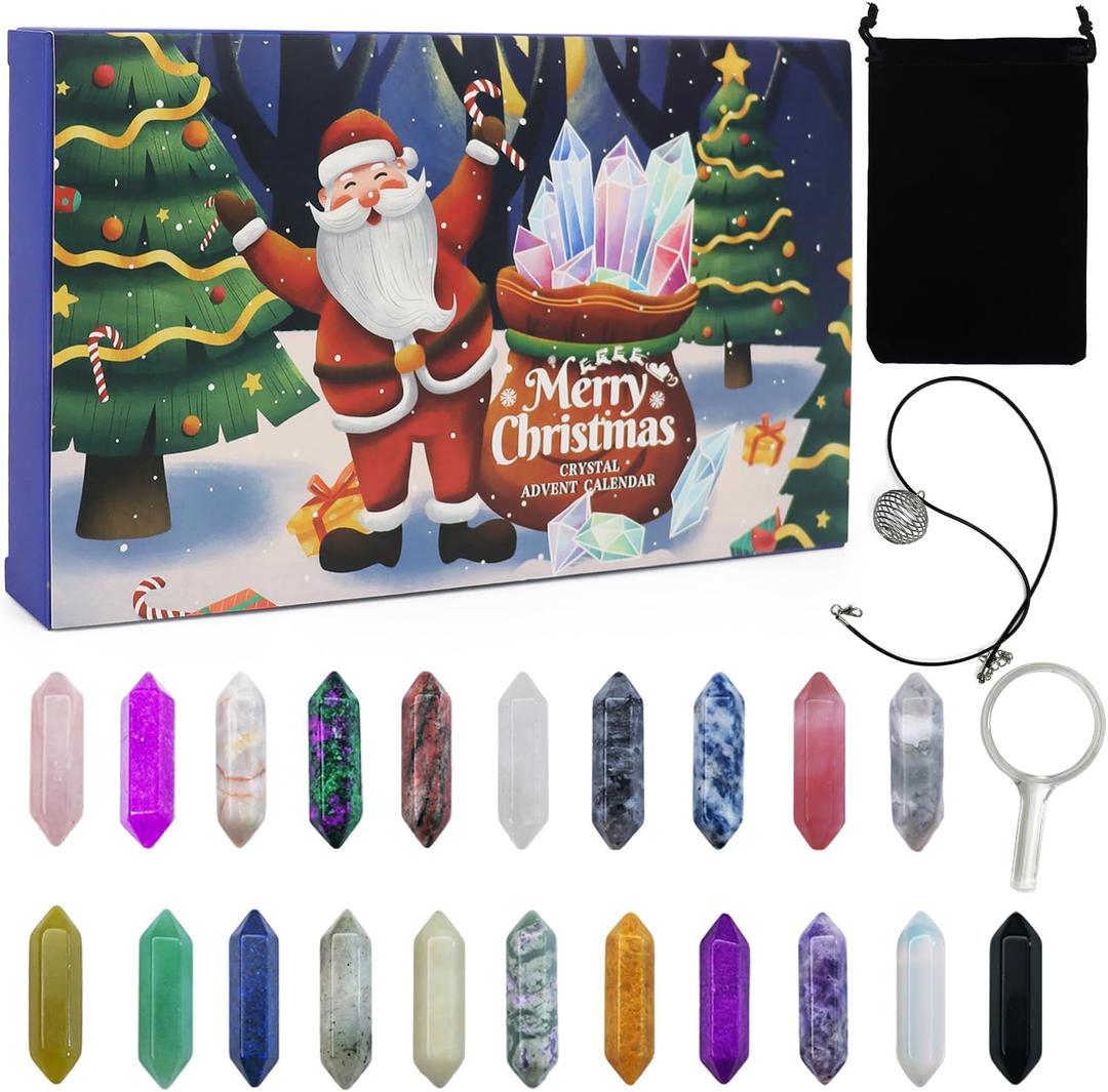 Christmas Crystal Advent Calendar 2025 - Healing Stones Kit with Crystal Necklace Holder, Magnifier, and Storage Bag, Holiday Gift for Kids and Adults, 24 Boxes Gemstone Countdown Calendar to Christmas Family Toys Gift