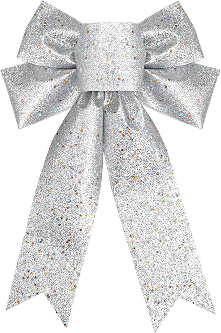 QDTK Christmas Tree Topper Bow Silver Glitter Christmas Bows Sparkly Stars Wreath Bow 13x9 Ribbon Bow for Wreaths Home Front Door Outdoor Xmas New Years Party Decorations