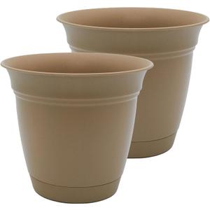 The HC Companies 10 Inch Eclipse Round Planter Pots with Drainage Holes & Attached Saucer, Lightweight UV-Resistant Plastic Indoor & Outdoor Planters, 2-Pack Flower Pots, Garden Home Decor, Sandstone