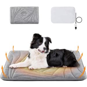 Large Dog Heating Pad with Washable Cover, Soft Plush Pet Heating Pad with 9 Adjustable Temperature, Timer, Chew-Resistant Cord, Waterproof Electric Heated Pet Bed Mat for Dogs and Multi-Cats (L: 35'' x 24'', Grey)