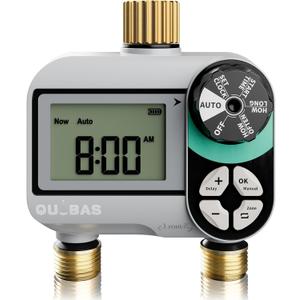 QUOBAS 2 Zone Sprinkler Timer with Brass Inlet & Outlet, Programmable Water Timer for Garden Hose with Rain Delay/Manual Watering/Automatic Irrigation Controller System for Yard, Lawn