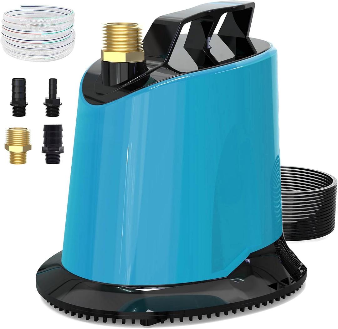 AgiiMan Sump Pump - 125W 1100GPH Submersible Water Pump with 16ft Drainage Hose, 25ft Extra Long Power Cord & 4 Hose Adapters, Water Pump for Basements, Pool Fountains, Hot Tub, Garden Pond, Blue