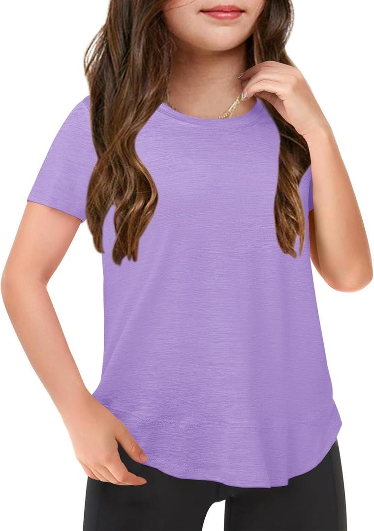 Haloumoning Girls Summer T Shirts Loose Curved Hem Short Sleeve Shirt Athletic Casual Tops Tees 4-14 Years (11-12 Years, Purple)
