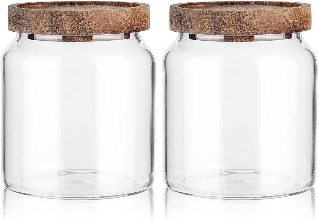Labina Glass Storage Container Airtight Food Jars Kitchen Canister with Wood Lids, 20 Oz Wide Mouth Pantry Organization Glass Jar for Flour, Sugar, Cookie, Spagetti, Nuts and Candy (2 Pack)