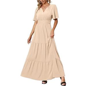 Amegoya Women's Summer Boho Maxi Dresses Casual V Neck Short Sleeve A-line Empire Waist Long Flowy Beach Dress size L