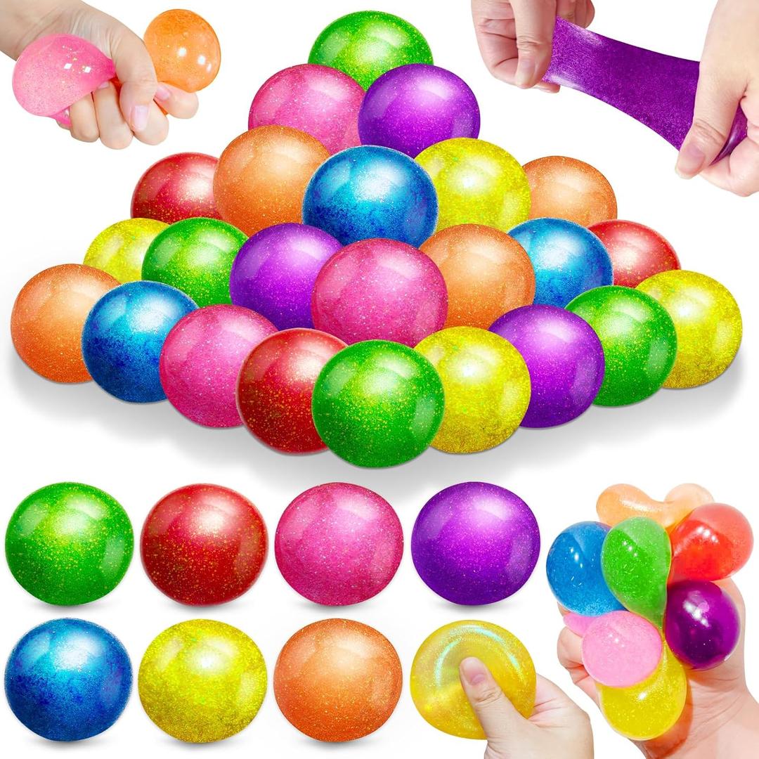 28 Pack Glitter Stress Balls Squishy Fidget Toys, Birthday Party Favors for Kids Boys Girls Teens School Classroom Exchange Prizes Gifts, Anxiety Stress Relief Squeeze Balls Bulk, Goodie Bag Stuffers