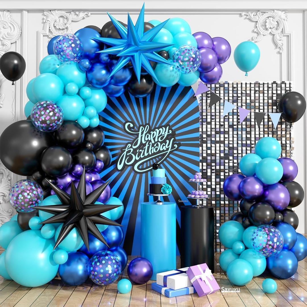 Black Purple Blue Balloon Garland Arch Kit, 120 PCS Metallic Purple Metallic Blue Black Teal Confetti Balloons with Large Star Foil Balloons for Kids Video Game Baby Shower Birthday Party Decorations