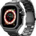 Luxury Aluminum Case with Stainless Steel Band for Apple Watch Ultra / Ultra 2 Titanium 49mm, Rugged Metal Military Protective Cover Protector, Tactical Heavy Duty Protection for Men iWatch, (Black)
