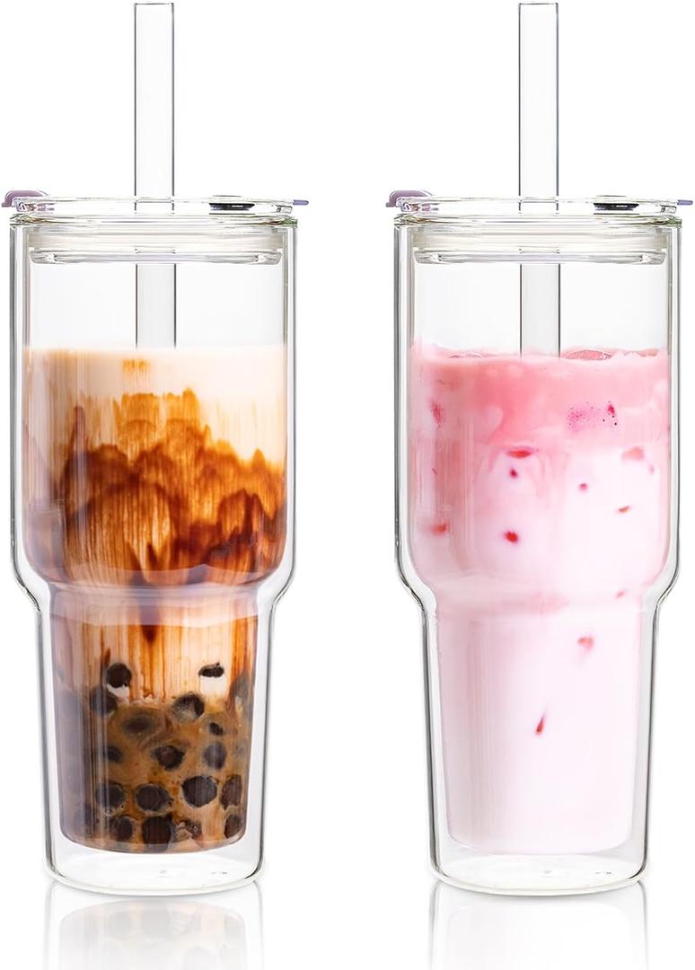 KEMORELA 28 oz Double Wall Glass Tumblers Set of 2, Large Insulated Drinking Glasses for Hot & Cold Drinks, Wide-Mouth Water Cups for Matcha, Iced Coffee, Tea, Smoothies, Dishwasher Safe