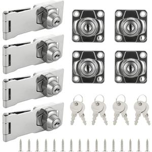 4 Pcs 4" Keyed Hasp Locks, Silver Cabinet Locks with Keys and Screws, Zinc Alloy with Twist Knob Hasp Latch Lock for Small Door, Cabinet