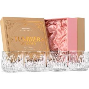 GLASSIQUE CADEAU Vintage Art Deco Crystal Lowball Cocktail Glasses | Set of 4 | 11 oz Short Tumbler Rocks Glassware for Drinking Craft Bar Drinks | Heavy Based Old Fashioned Glasses for Women