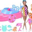 dollbie Fashion Dolls and Boat Playset - 11.5 Inch Dolls with Swimwear, Life Vests, Accessories, 5.5 Inch Doll, Pet Puppy and Dolphin Toy - Summer Beach Adventure Gift Set for Girls