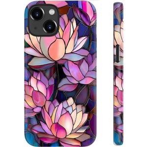 for iPhone 15 Case, Wireless Charging Compatible, Dual-Layer Soft Silicone + Hard Shell with Cute Aesthetic Wildflower Design,Protective Phone Cover for Women - Vibrant Lotus Flower