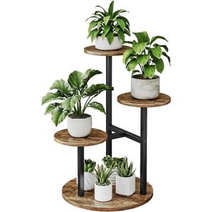 INGIORDAR Plant Stand Indoor Outdoor Corner Plant Shelf for Multiple Flower Pots Flower Stand Holder for Patio Garden Balcony Living Room (Black+Rustic Brown, 4 Tier)