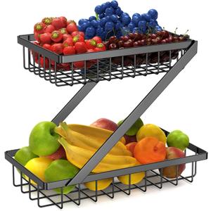 GETALL Fruit Basket for Kitchen, 2 Tier Countertop Fruit Holder, Detachable Metal Stand Fruit Bowl Organizer for Vegetable Bread Snacks Onions Storage, Large Capacity, Screws Free Design, Black(Z)