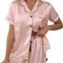 2 x Womens Silk Satin Pajamas Set Short Sleeve Sleepwear Button Down Loungewear 2 Piece Pjs Shorts Set (Pink, L)