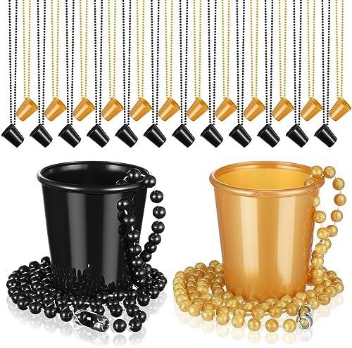Dandat 24 Pcs Shot Glass on Beaded Necklace Graduation Accessories Disposable Mini Plastic Shot Cups for Graduation Party Accessories Bachelorette Birthday Wedding Festival Party Favor(Black, Gold)
