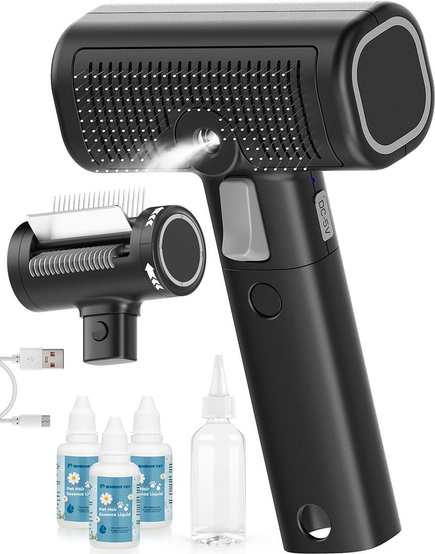 5-in-1 Cat Hair Brush, Dog Grooming Steam Comb for Long Short Haired Indoor Cats Spritz Comb for Deshedding, Detangling, Pet Brush for Kitten Rabbit Massage, with 3 Essence Liquid