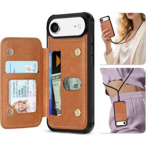 TUCCH Card Case for iPhone Air (6.5"), RFID Blocking 3 Card Holders | Undetachable Wallet | Crossbody Lanyard Strap | Clear ID Window | Magnetic Closure | PU Leather | Shockproof Phone Cover | Brown