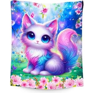 Blanket Gifts for Girls, Cat Blankets for Cat Lovers, Girls Throw Gifts, Cute Flannel Throw for Kid, 30"x40" (Deep Blue)