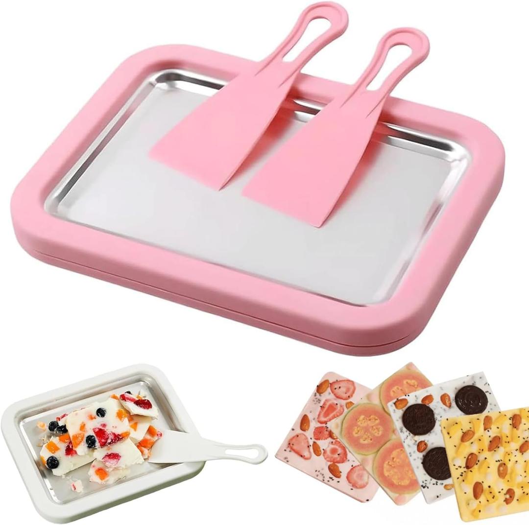 Rolled Ice Cream Maker Kit for Home, DIY Ice Cream Roll Pan with Scrapers, No Machine Required, Fun Ice Cream Maker for Kids, Family, Parties and Summer Desserts (Pink, M-8.85x6.88 inch)