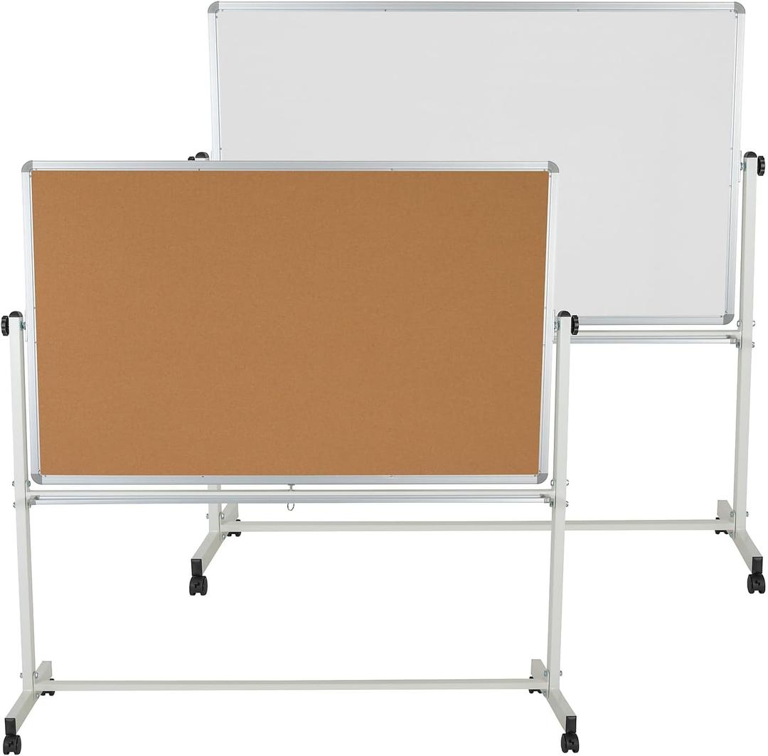Flash Furniture HERCULES Series 64.25"W x 64.75"H Reversible Mobile Cork Bulletin Board and White Board with Pen Tray