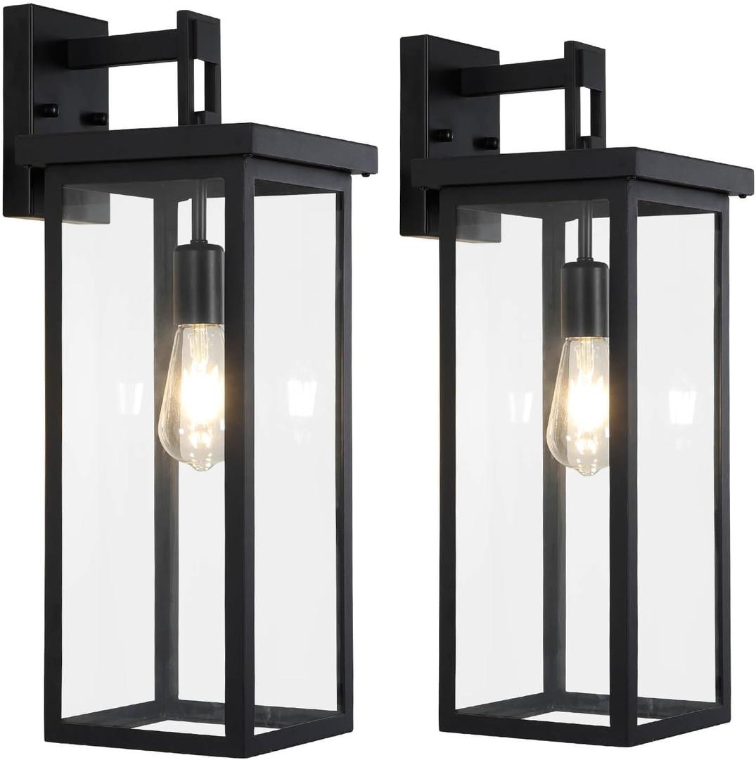 tewei 2 Pack Large Size Outdoor Wall Lantern Exterior Wall Light Fixture, 20 In Matte Black Porch Light Waterproof Outdoor Lights for House with Clear Glass Shade, E26 Base Exterior Sconces for Garage