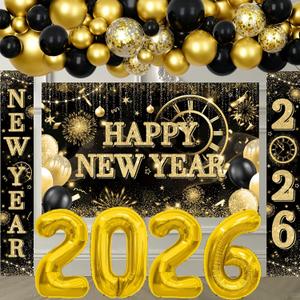 77Pcs Black and Gold New Years Eve Party Supplies 2026 Happy New Year Decorations Kit New Years Balloons Arch Porch Banner Backdrop for 2026 New Year Eve Party Decorations