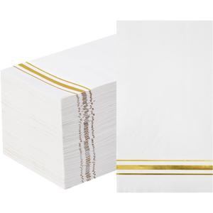100 3-Ply Gold Napkins Disposable Elegant Dinner Paper Napkins, White and Gold Foil Guest Napkins Hand Towels for Bathroom Wedding Kitchen Birthday Parties Graduation