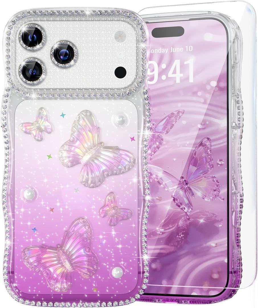 QVLANG for iPhone 17 Pro Max Case Glitter, 3D Butterfly & Pearls Design with Wave Frame, Diamond-Encased Edges & Built-in Camera Protector, Cute Sparkling Phone Cover for Girls Women, Gradient Purple