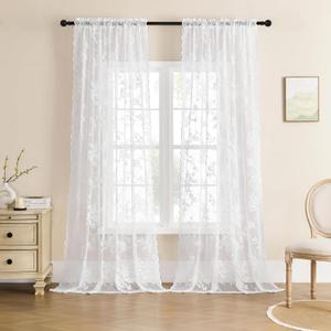 White Lace Curtains 120 Inches Long Victorian Floral Lace Curtains for High Ceiling Living Room Rod Pocket Light Filtering Drapes for Dining Room Villa Hallway French Window Decor, 2 Panels, 52x120