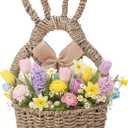 Reallnaive 16 x 9.4 x 3.9 Inch Easter Bunny Basket Hand Woven Wicker Rabbit Wreath Basket Hanging Wall Pocket Spring Wreath Decor with White Floral for Front Door Hanging Decoration