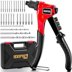 KOOPOOL Rivet Gun Kit, Adjustable Stroke Design Manual Pop Rivet Tool with 200 Rivets and 4 Drill Bits, 4 Tool-Free Rivet Heads, Heavy-Duty Hand Riveter with Sturdy Case for Metal, Plastic, Leather
