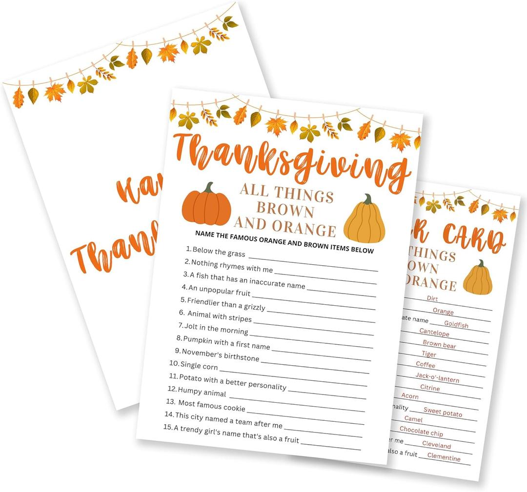 Thanksgiving Game Set- 30 Pcs "Brown & Orange" Theme Party Game,Maple leaf & Turkey Pattern,Thanksgiving Activities for Family & Friend, Fall Party Increase Interactive Atmosphere(5" x 7")- A08