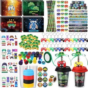 Watersay 110 Pcs Video Game Party Favors Set Includes Drink Cup with Lid Game Card Pencil Sharpener Eraser Stickers Slap Bracelet Keychain Stamp Sticker Ribbon for Gamer Birthday Party