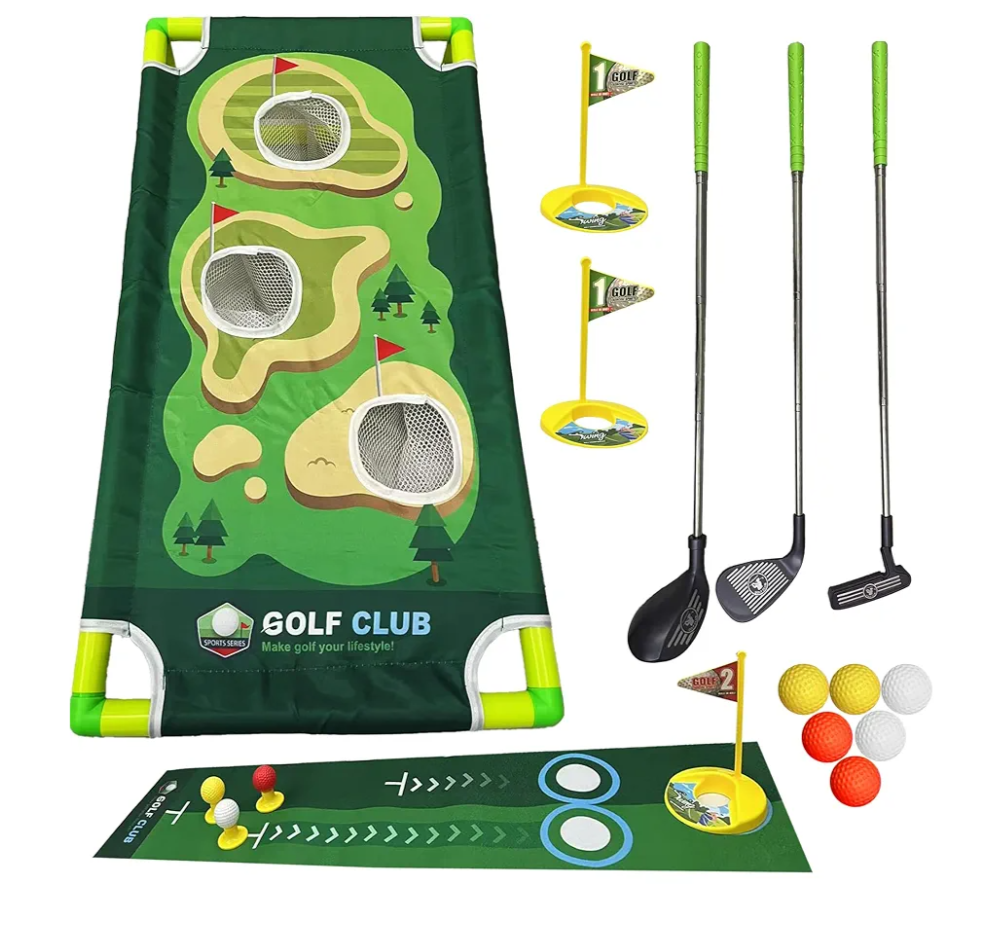 Toddler Golf Clubs Set - Kids Retractable Indoor Outdoor Game Play Toys for 3 4 5 6 7 8 Years Old Boys Girls - Realistic Yard Toy Kit with Adjustable Golf Club Putting Mat Cornhole Board Scoreboard