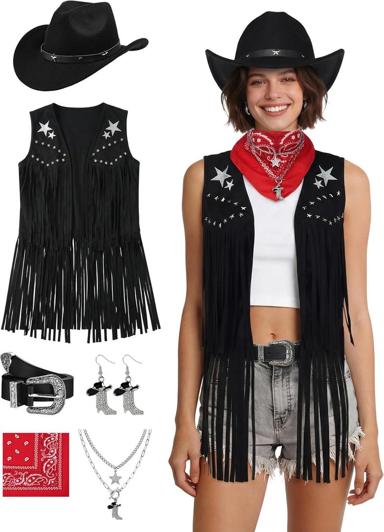 SOMSOC 7Pcs Cowgirl Outfits for Women Western Costume Accessories Cowboy Hat Belt Tassels Vest Bandana Set for Hippie Cosplay, M